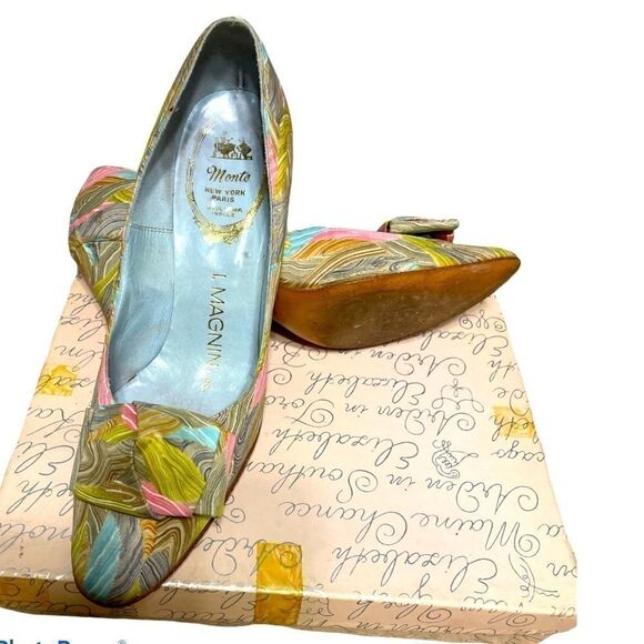 Vintage 70’s I. Magnin Silk Green Brown Pattern Heeled Pumps with bow Size 6B - Picture 4 of 11